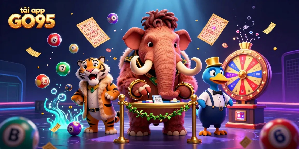 Engage with the vibrant scene to tải app GO99, featuring unique casino characters and lottery elements in action.