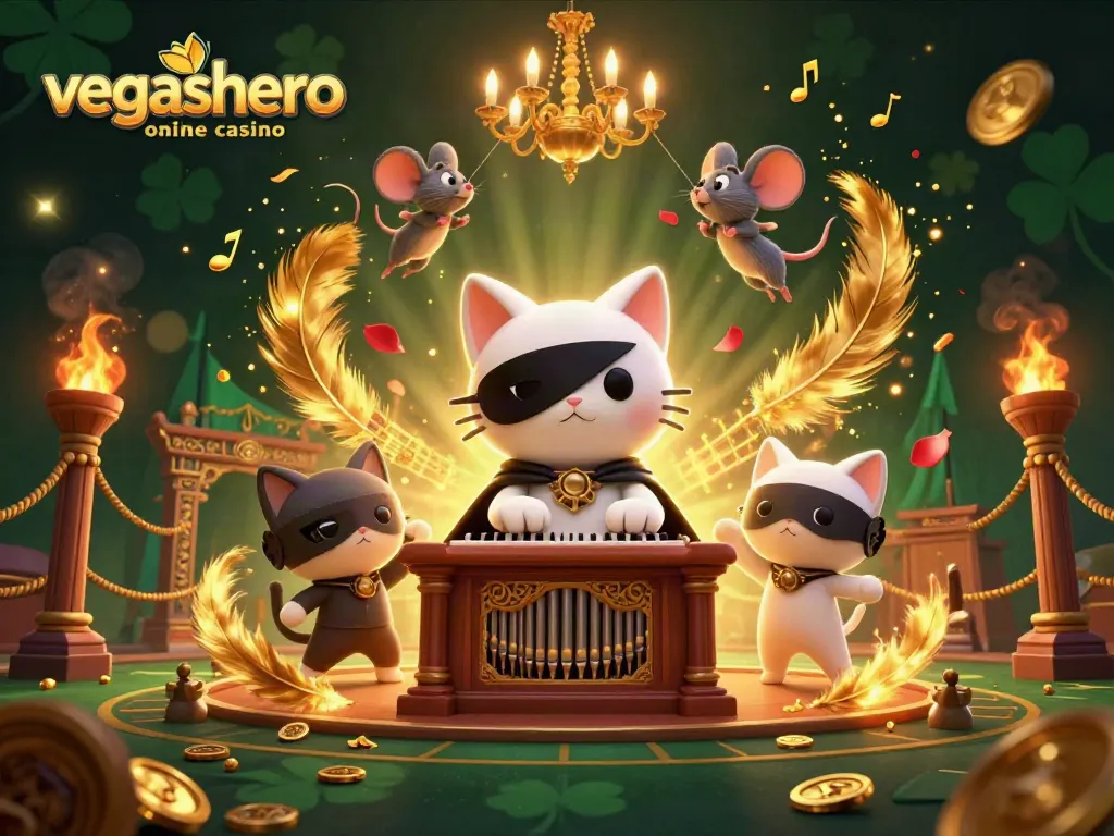 Experience the excitement at vegashero online casino with a vibrant 3D illustration of a phantom cat playing organ amidst thrilling game elements.