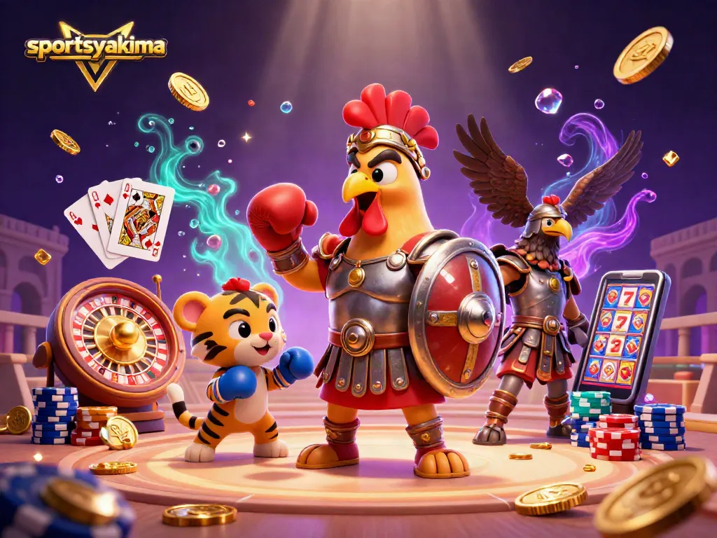Experience thrilling gambling at sportsyakima with lively characters and dynamic casino elements illustrated.