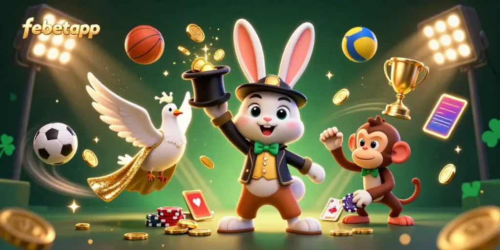 Experience excitement at febetapp with a vibrant scene of a magician rabbit, glamorous dove, and playful monkey amidst a flurry of golden coins and sports elements.