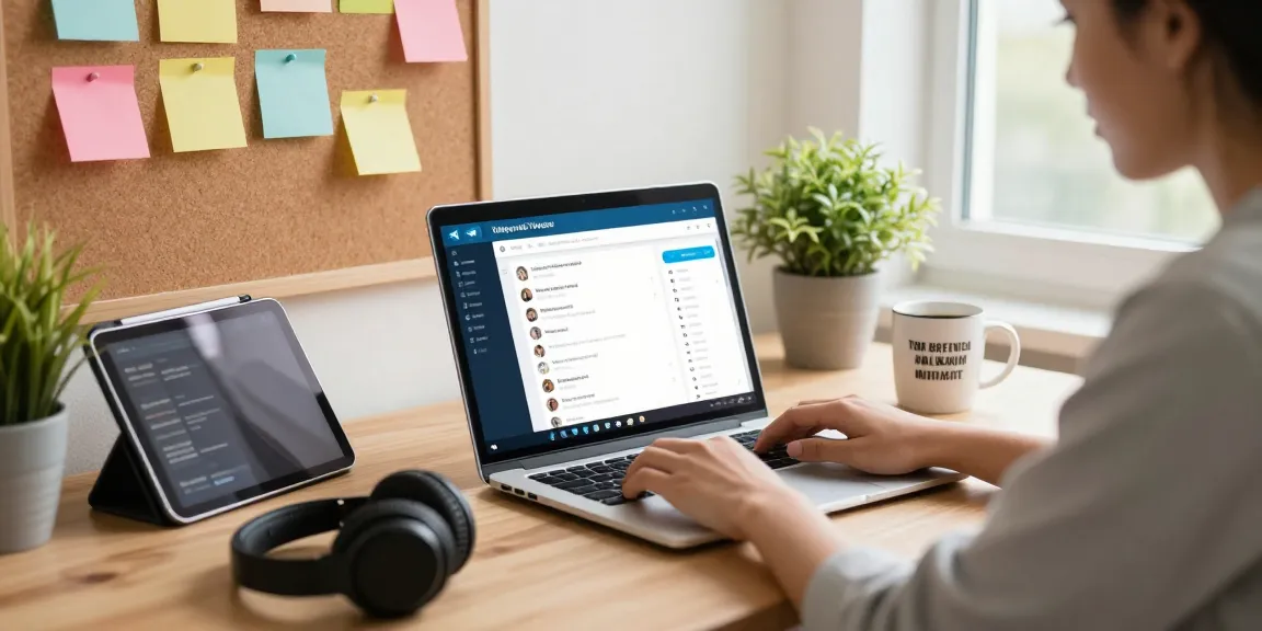 Using the Telegram Web Version in a cozy home office with tech gadgets and a motivational quote coffee mug.