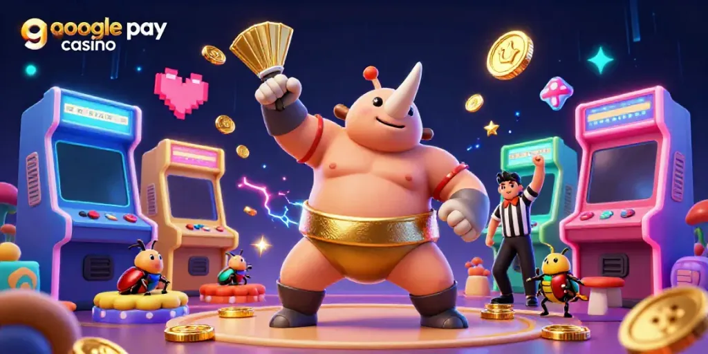 Engage in thrilling gameplay at a google pay casino with vibrant 3D arcade and casino elements.