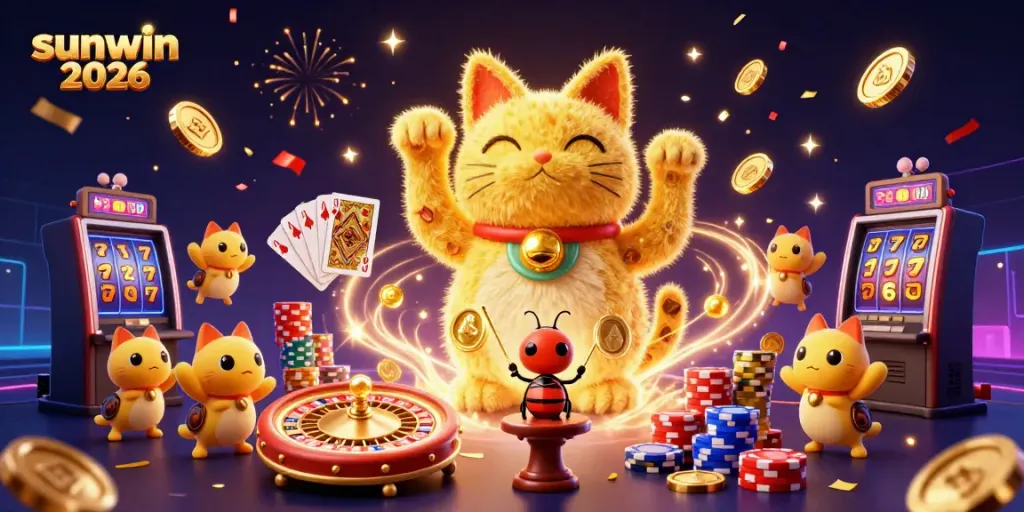 Experience the excitement of sunwin 2026 with a vibrant casino scene featuring golden symbols and a lucky cat.