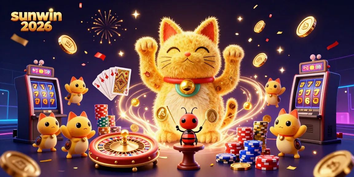Experience the excitement of sunwin 2026 with a vibrant casino scene featuring golden symbols and a lucky cat.