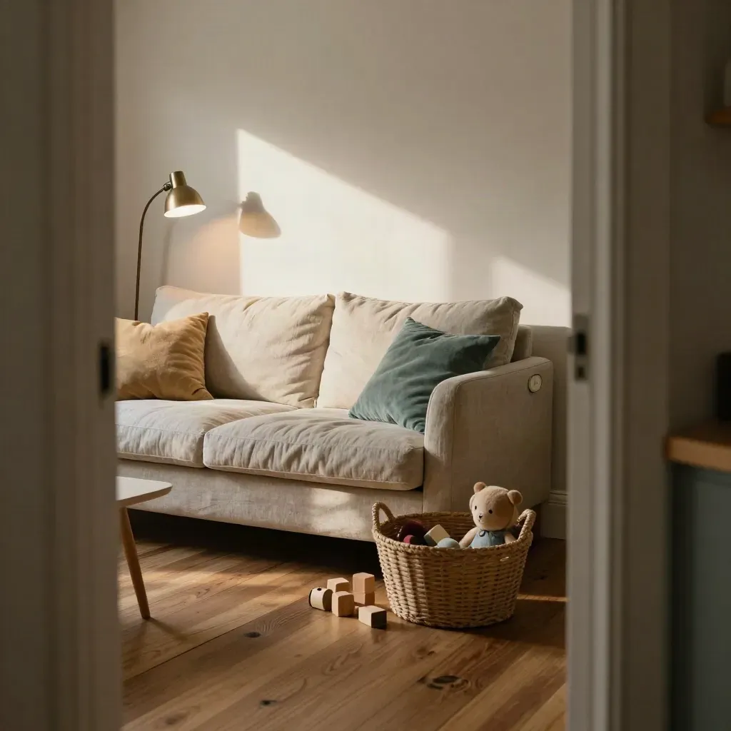 Gezellige advieshoek met bank, lamp, kinderkussens, speelgoedmand en timer in warm avondlicht.