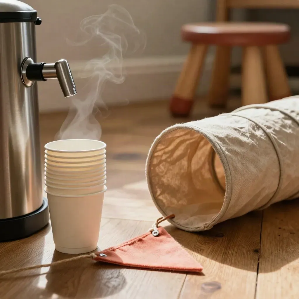Speelmiddag in een buurtkamer met koffieurn, bekers, slingers en speelgoedtunnel.
