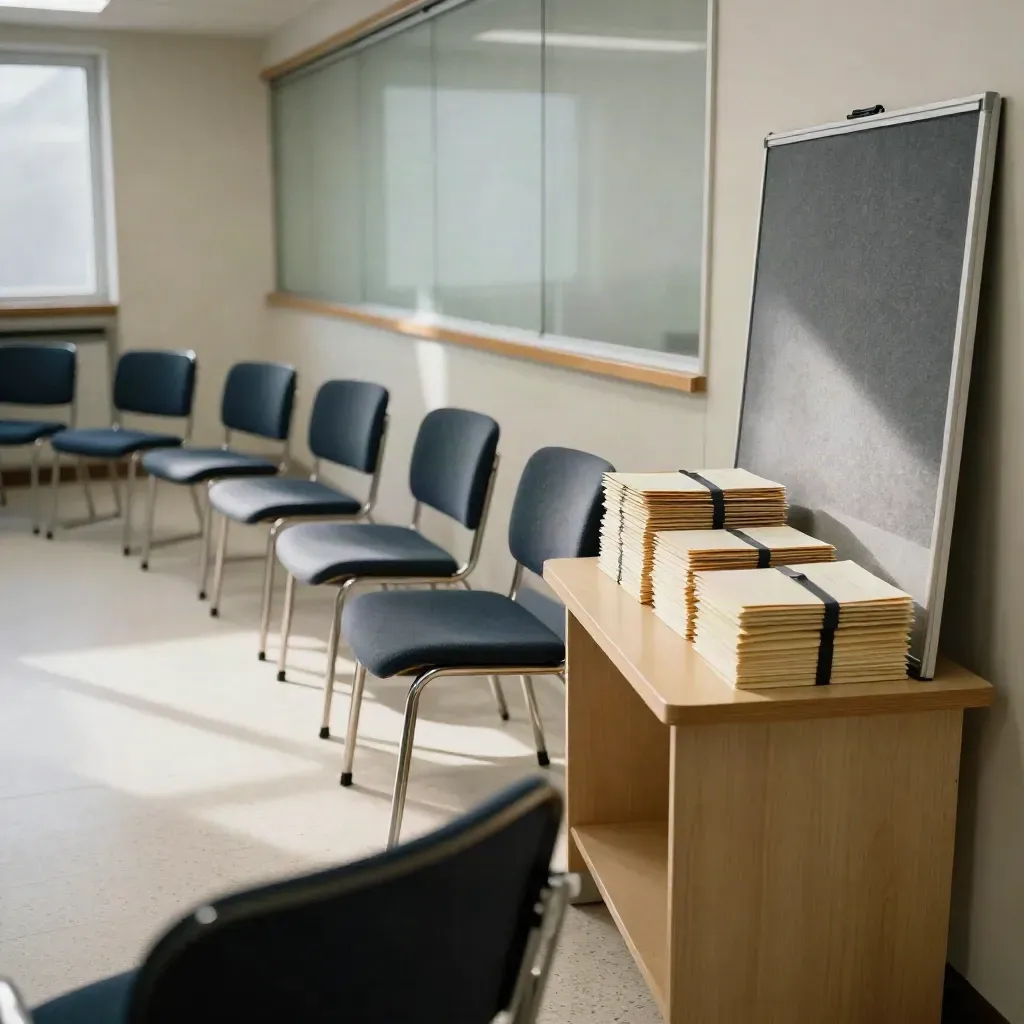 Lege gemeentekamer met stoelen in boog en een stapel verzegelde enveloppen na een presentatie.