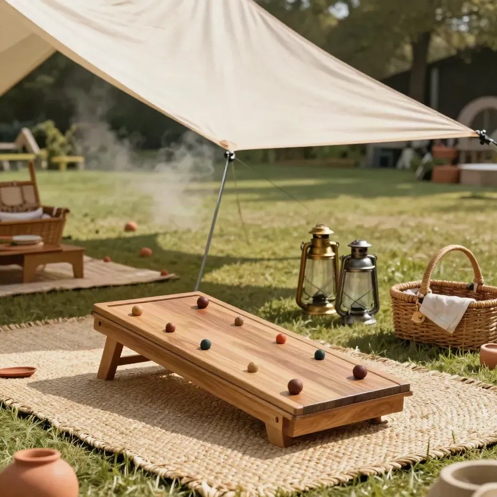Strandzeil, houten spelletjes en picknickmand op een grasveld voor een familiedag
