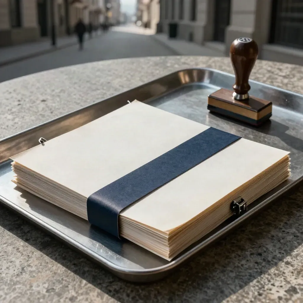 Bovenaanzicht van een gebundeld gemeentelijk verzoek met stempel en metalen bak op een stenen tafel.