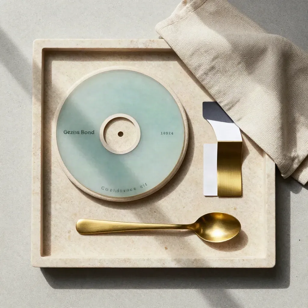 Bovenaanzicht van een stenen tray met adviesdisc, route-token, brass bookmark en lepeltje.