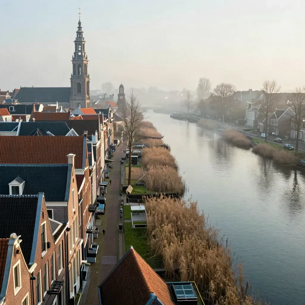 Mistige ochtend boven Amsterdamse grachten en het IJ, met kerktorens hoog en rustig water onderin.
