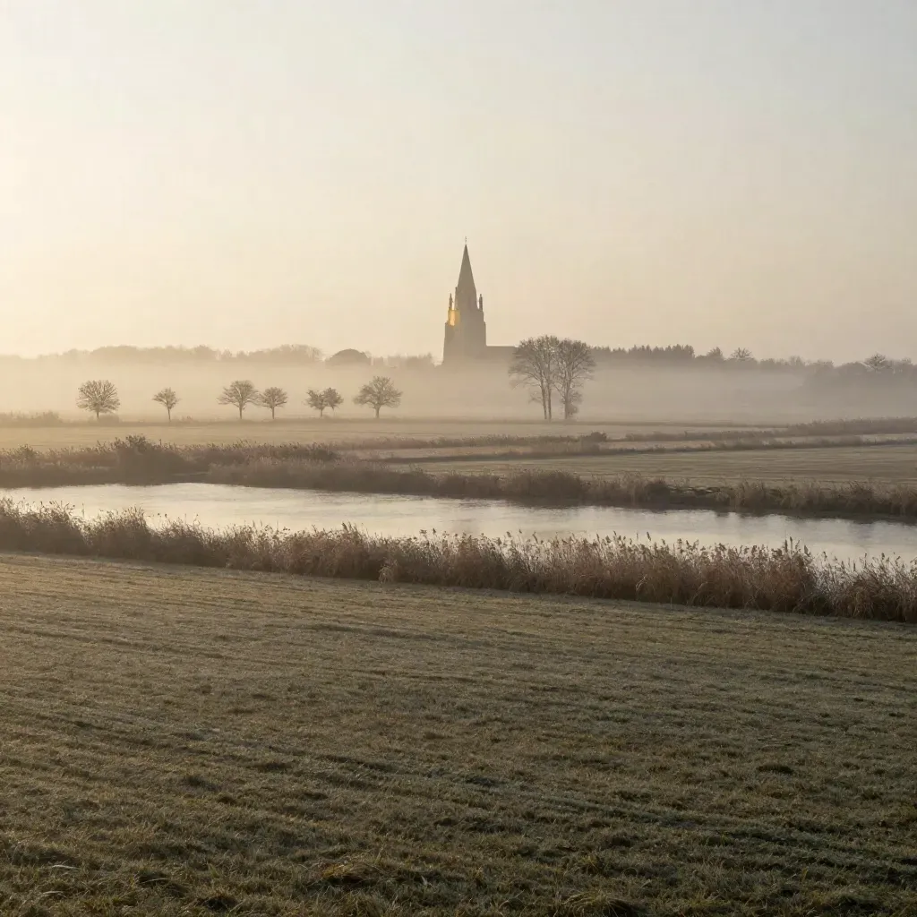 Mistig polderland met Domtoren en windsingels boven stille sloten