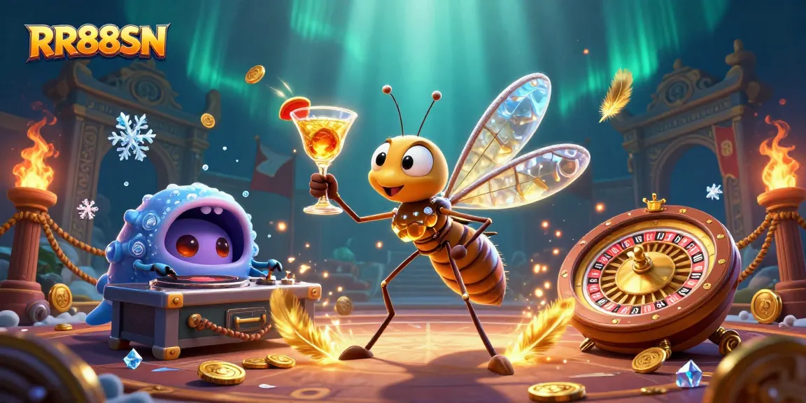 Engage with RR88SN through an electrifying casino scene featuring a unique frozen-in-amber mosquito mascot.