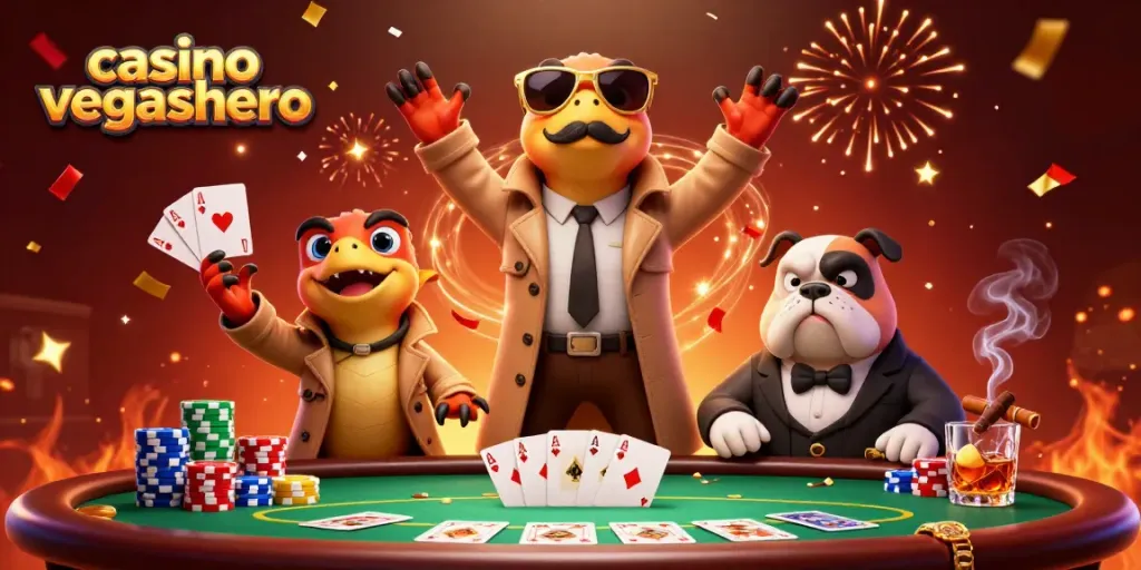 Engage with casino vegashero while cartoon raptors evade a bouncer in a vibrant gaming scene.