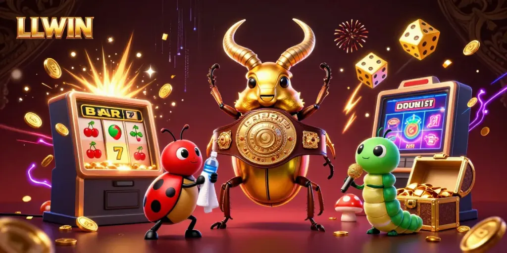 LLWIN sports-themed illustration showcasing a golden stag beetle boxing, surrounded by casino elements and vibrant details.