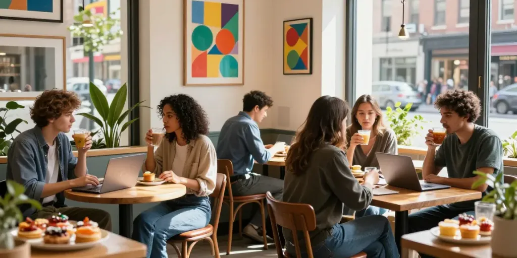 Dynamic urban café atmosphere showcasing professionals enjoying rokok88 discussions.