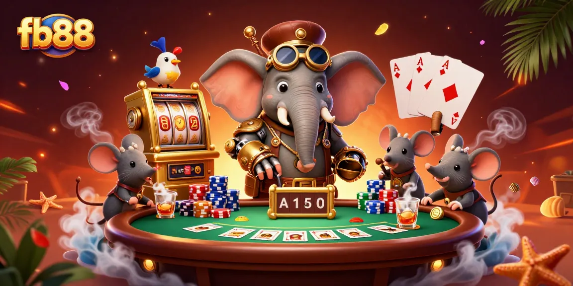 Experience the thrill of fb88 with a steampunk elephant spinning a vibrant slot machine in a lively casino.