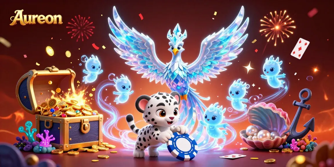 Aureon casino illustration featuring an ice phoenix, glowing sprites, and dynamic gaming elements.