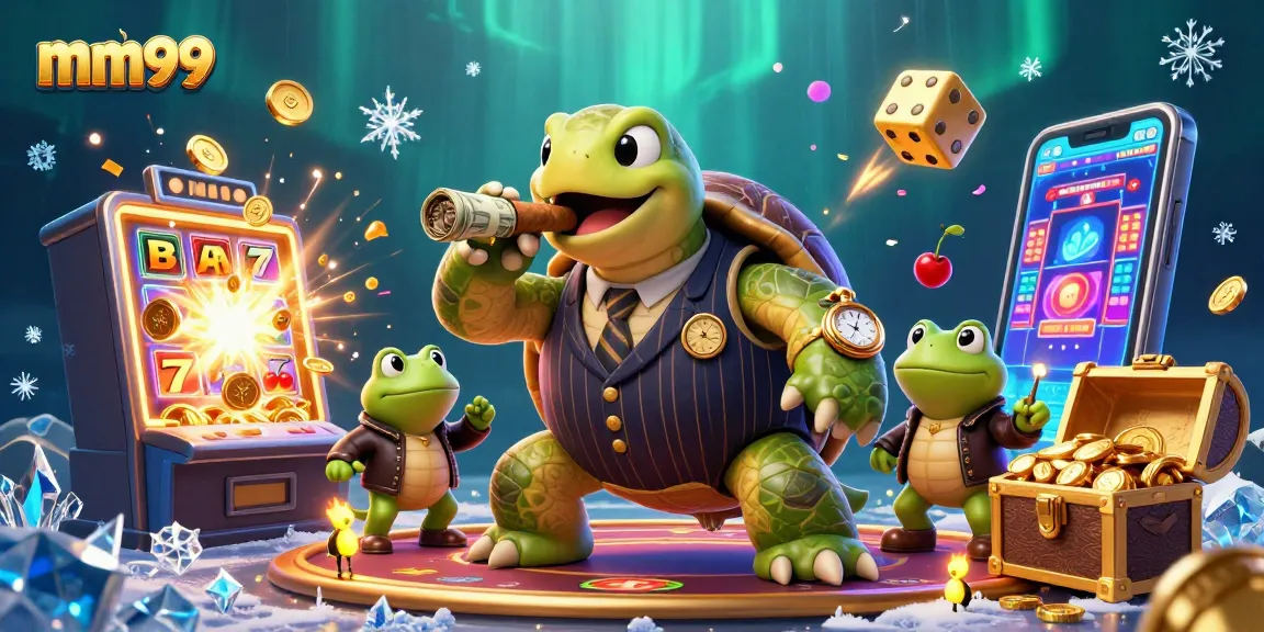Experience thrilling moments at mm99 with a vibrant casino scene featuring a turtle mobster and jackpot excitement.